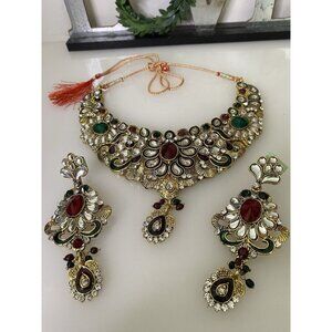 Ethnic Bollywood Kundan Style Pageant Wedding Fashion Jewelry Necklace Set NWOT‎